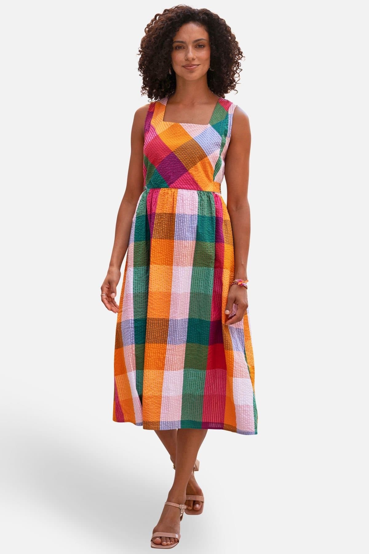 Yumi Yumi Women's Multicolour Seersucker Cotton Midi Sun Dress in Tangerine