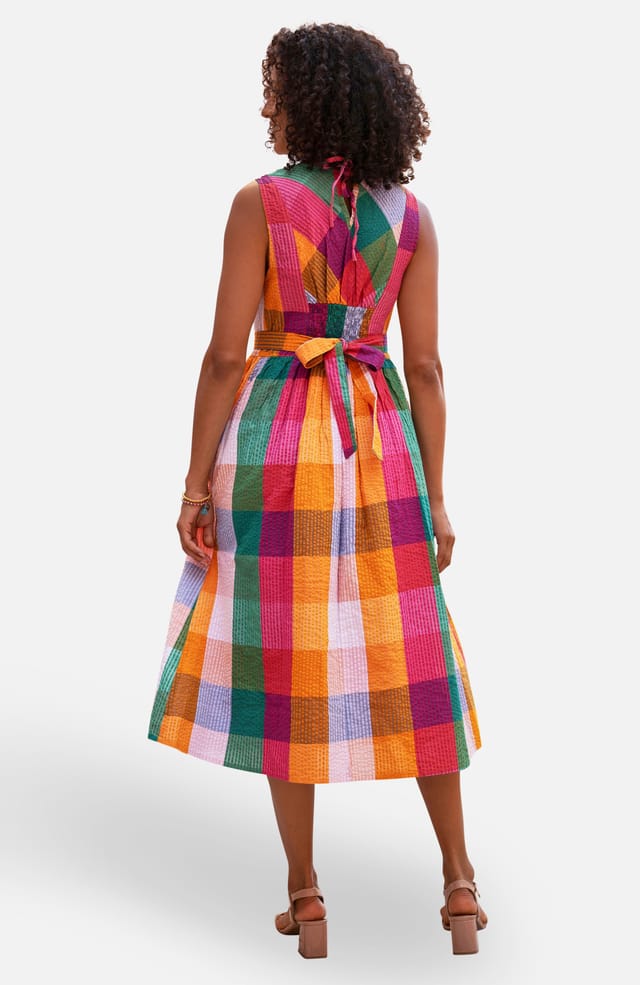 Yumi Yumi Women's Multicolour Seersucker Cotton Midi Sun Dress in Tangerine - 2