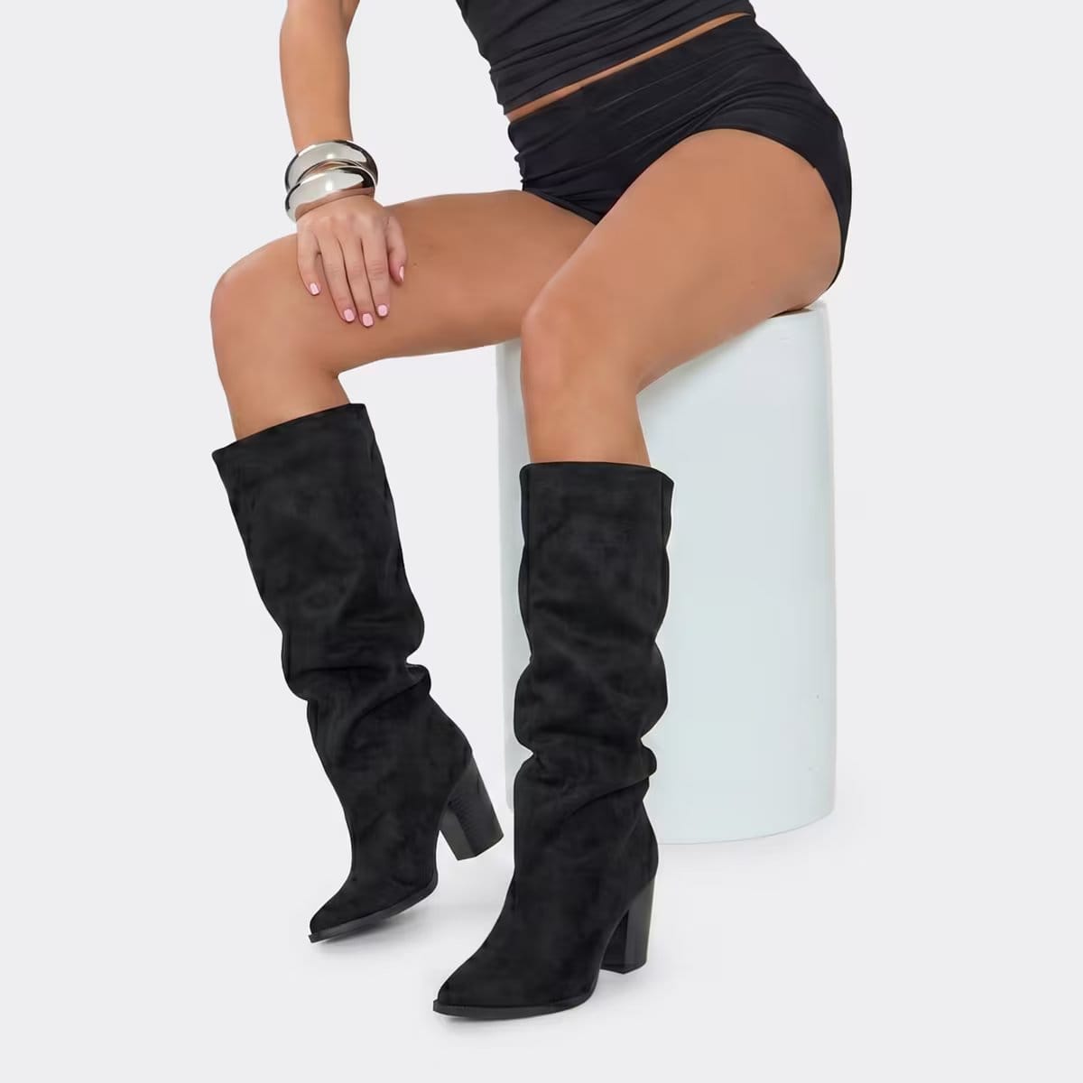 EGO Simone Pointed Toe Knee High Slouched Boot In Black Faux Suede., Women's Size UK 3 - 1
