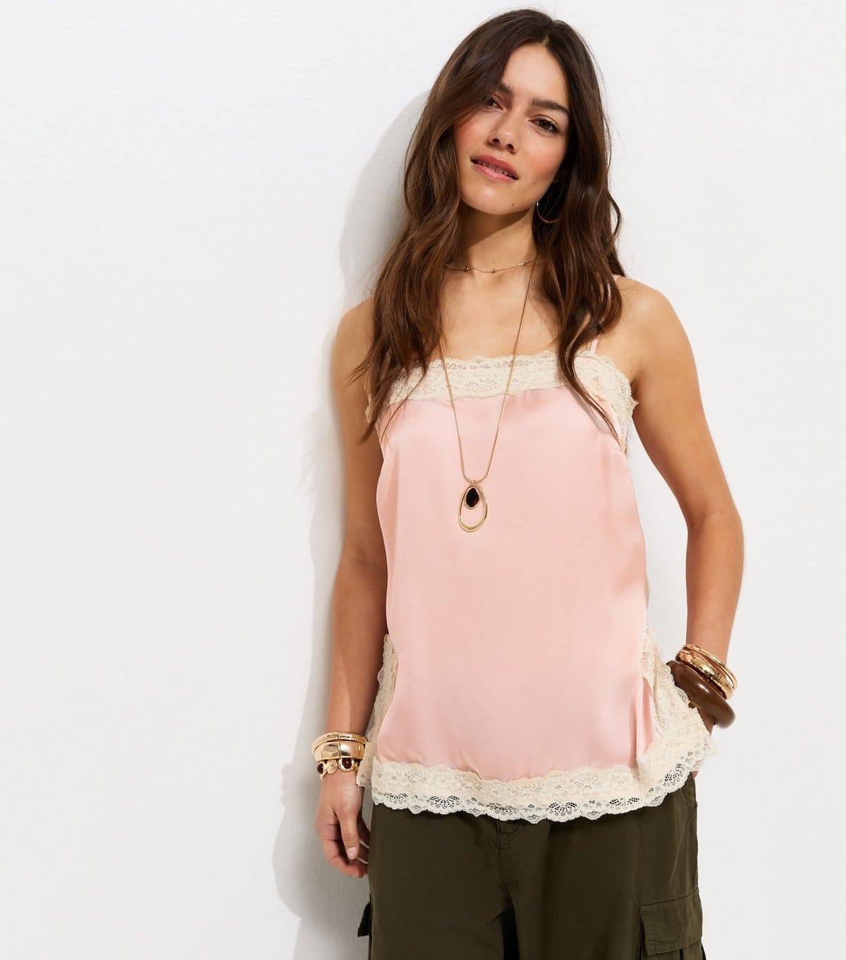 New Look Pink Satin Lace Trim Cami Top