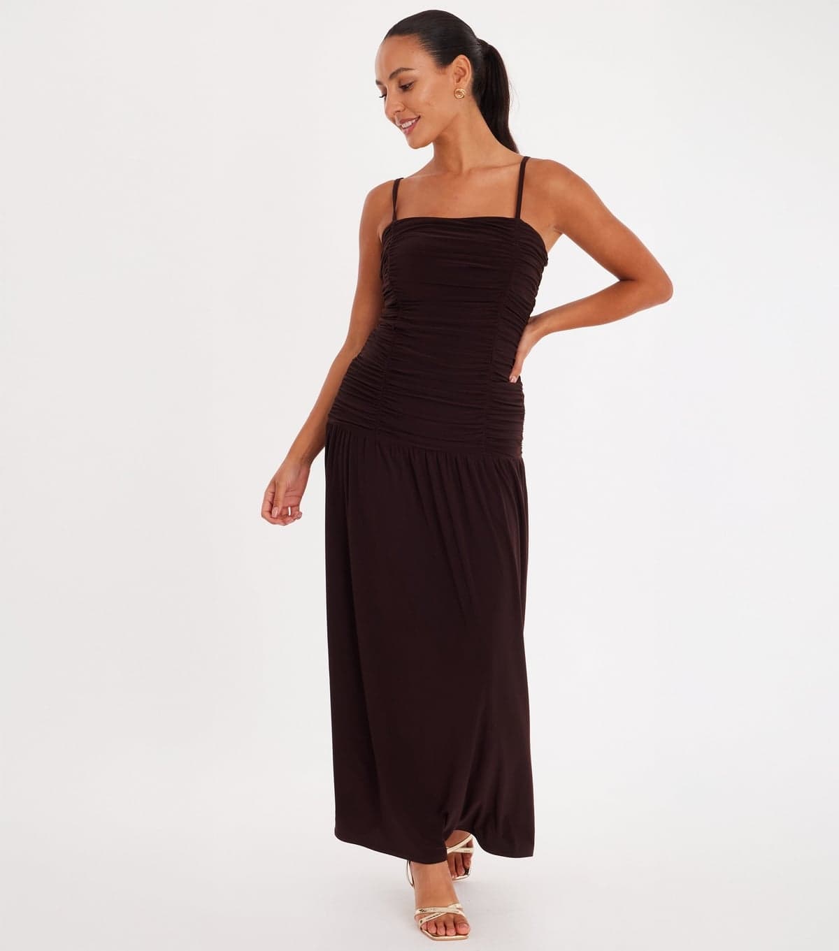 Quiz Women's Petite Dark Brown Ruched Maxi Dress Quiz New Look