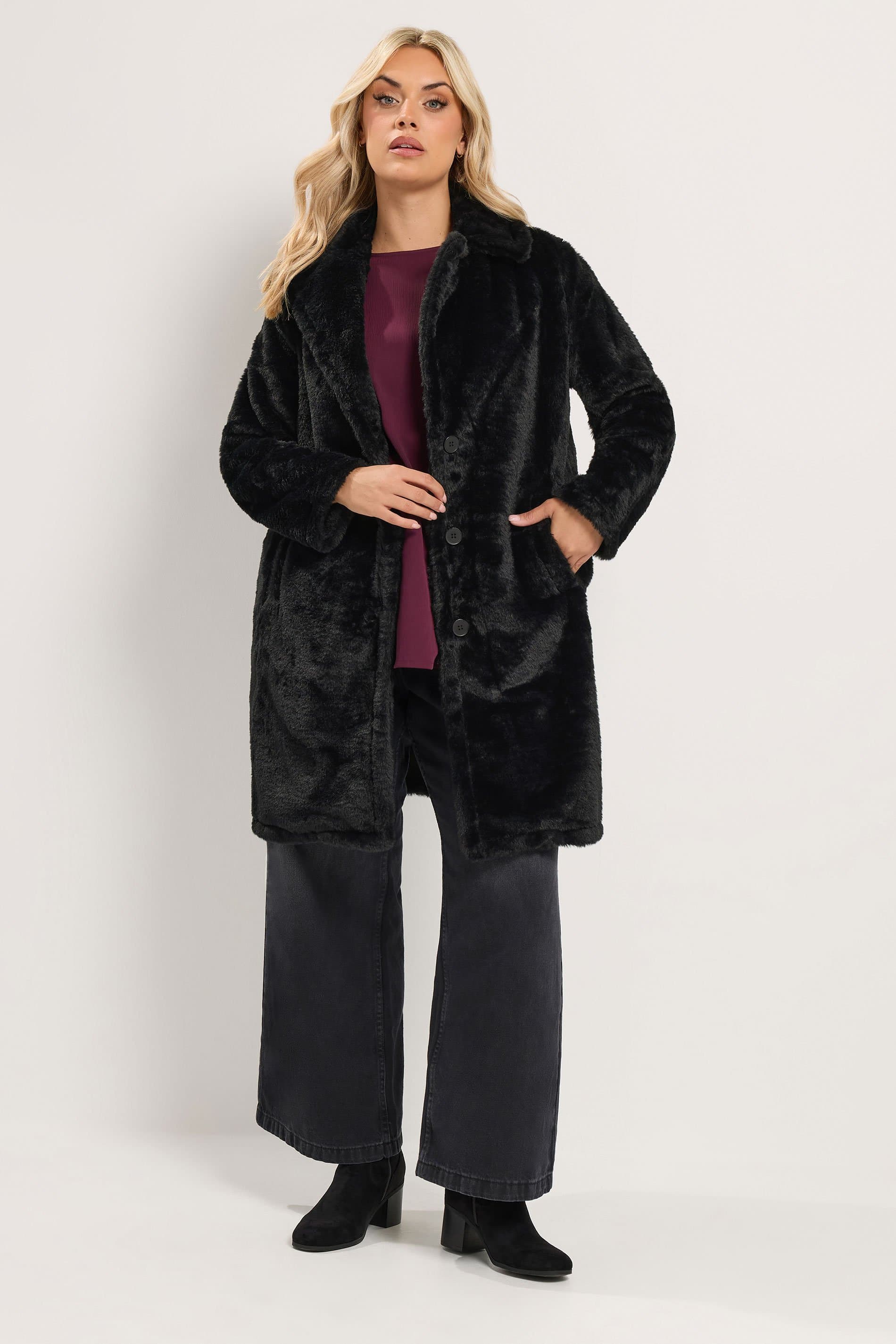 Yours Plus Size Black Faux Fur Button Through Coat