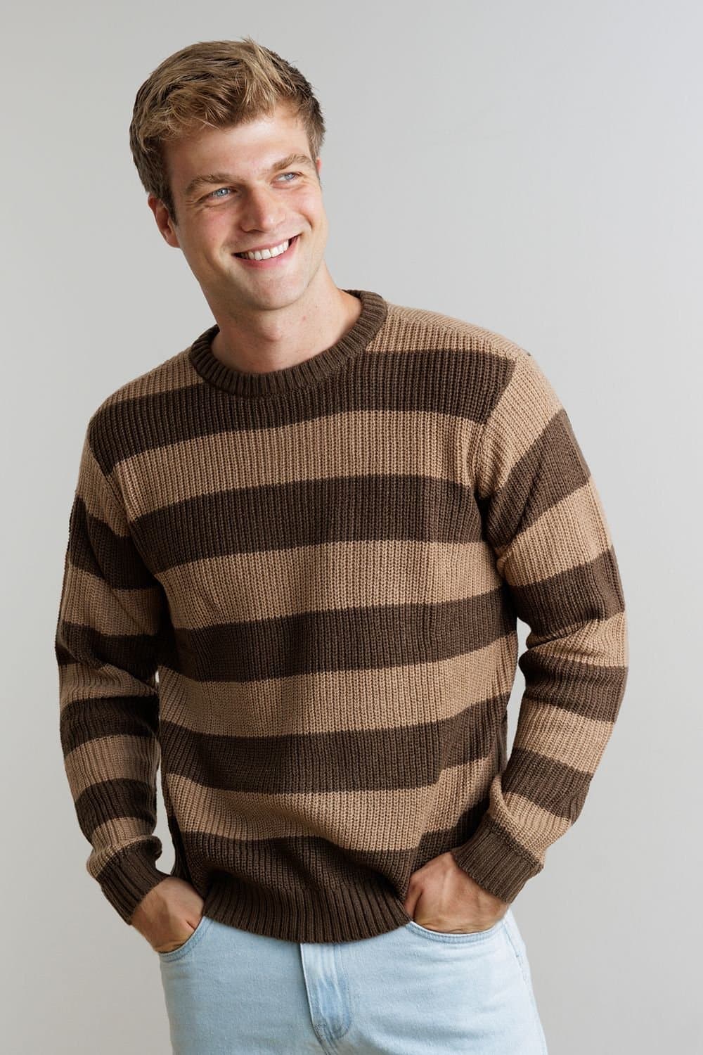 Influence Influence Men's Crew Neck Chunky Stripe Long Sleeve Knit Jumper in Brown