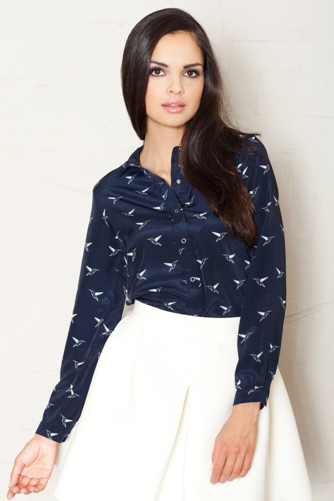 Love Lace Love Lace Women's Elegant Loose Fit Long Sleeve Shirt Birds in Navy