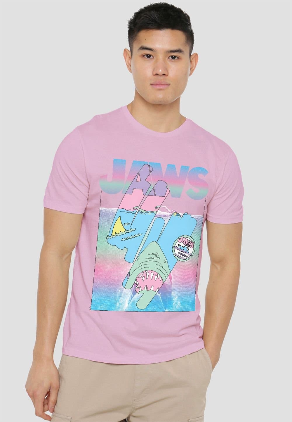 Universal Universal Men's Jaws Cartoon Swipe Poster T-Shirt, Light Pink