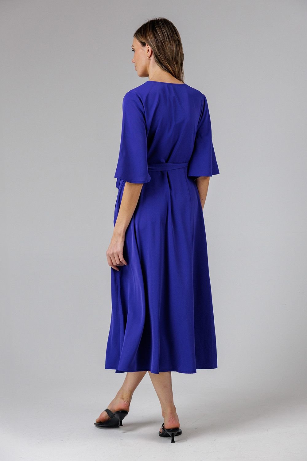 French Connection French Connection Women's V- Neck Bell Sleeve Wrap Tie Crepe Midi Dress in Blue - 2