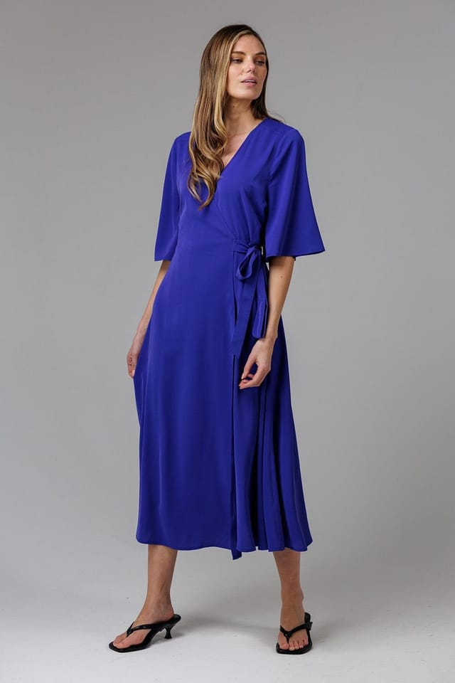 French Connection French Connection Women's V- Neck Bell Sleeve Wrap Tie Crepe Midi Dress in Blue - 2