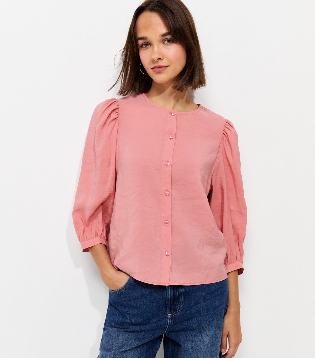 New Look Pink Woven Balloon Sleeve Button Blouse