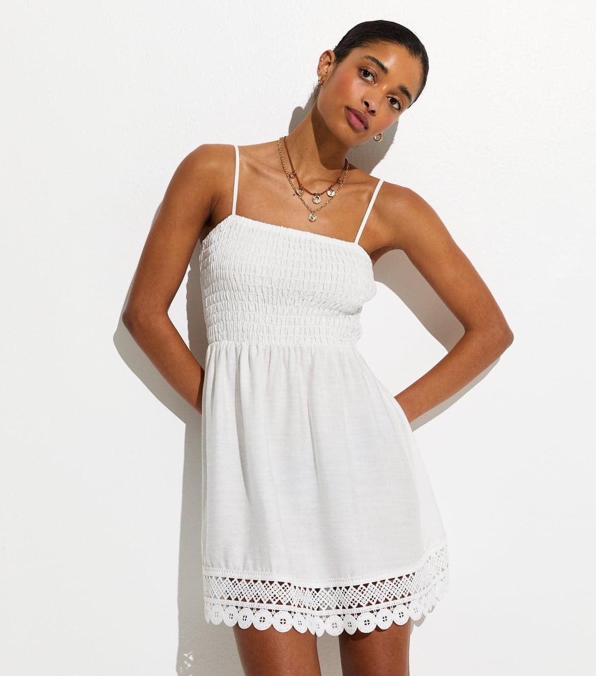 New Look Women's White Lace Trim Shirred Mini Dress New Look