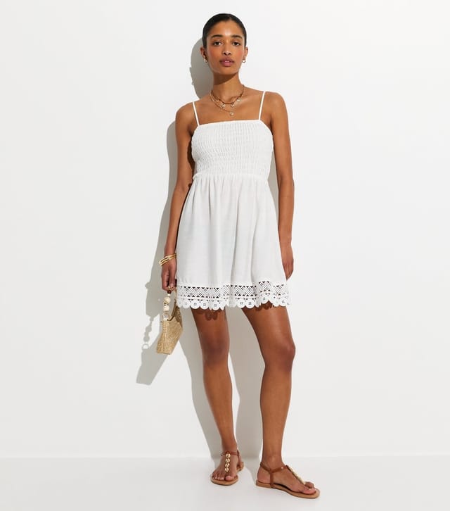 New Look Women's White Lace Trim Shirred Mini Dress New Look - 3