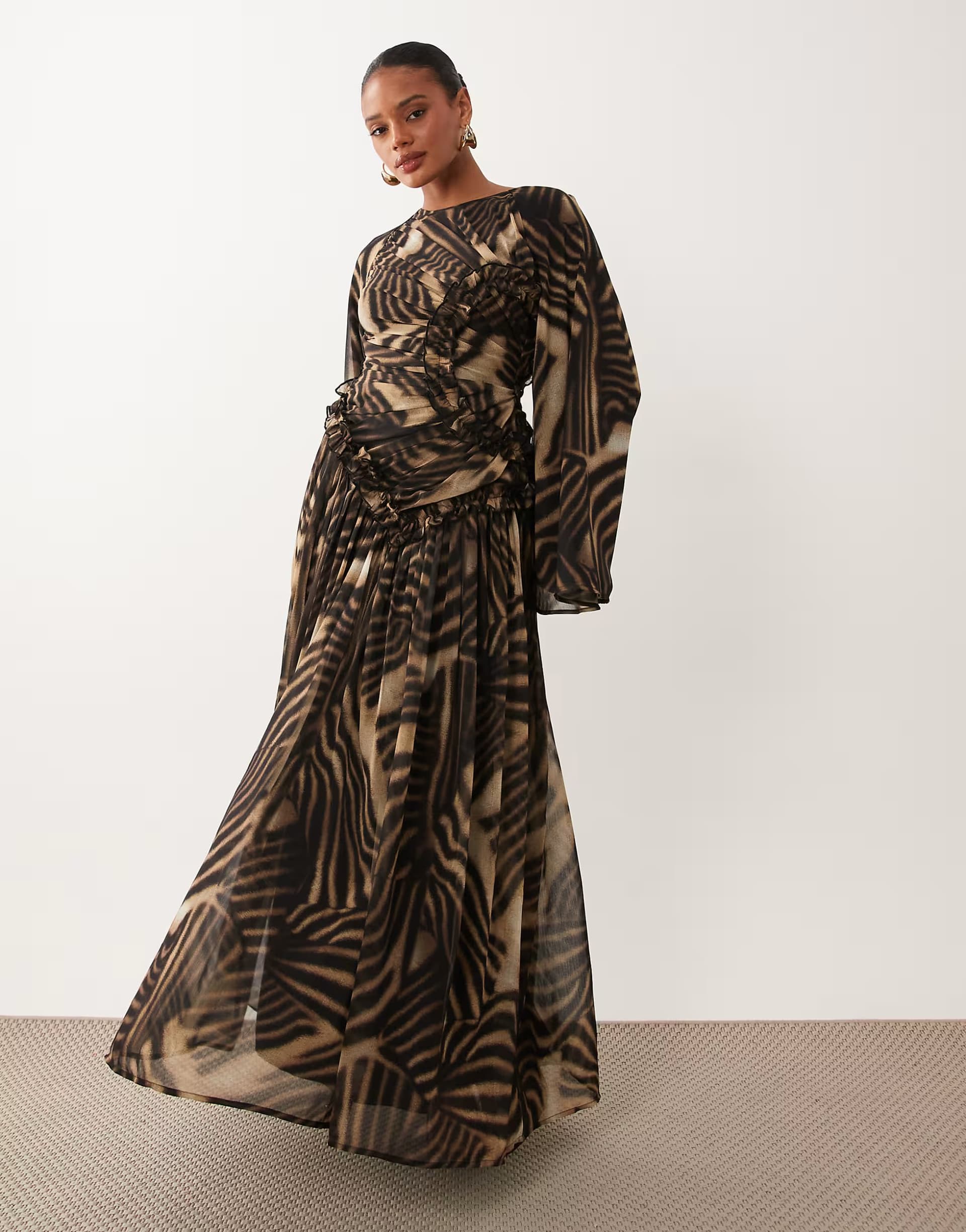 ASOS ASOS DESIGN crinkle chiffon gathered maxi dress with micro ruffles in black neutral abstract print