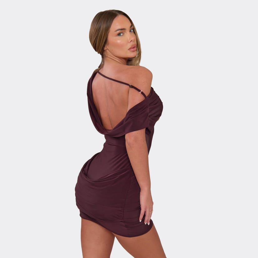 EGO Off The Shoulder Cowl Back Draped Detail Mini Dress In Chocolate Brown, Women's Size UK 6 - 1