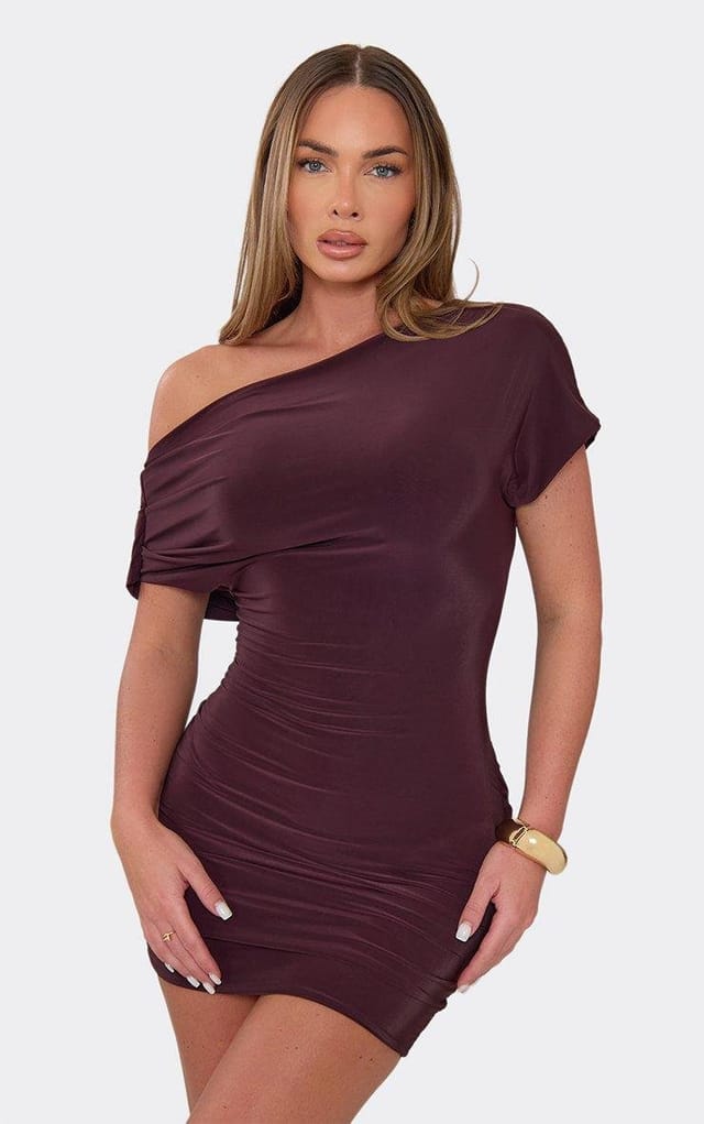 EGO Off The Shoulder Cowl Back Draped Detail Mini Dress In Chocolate Brown, Women's Size UK 6 - 2