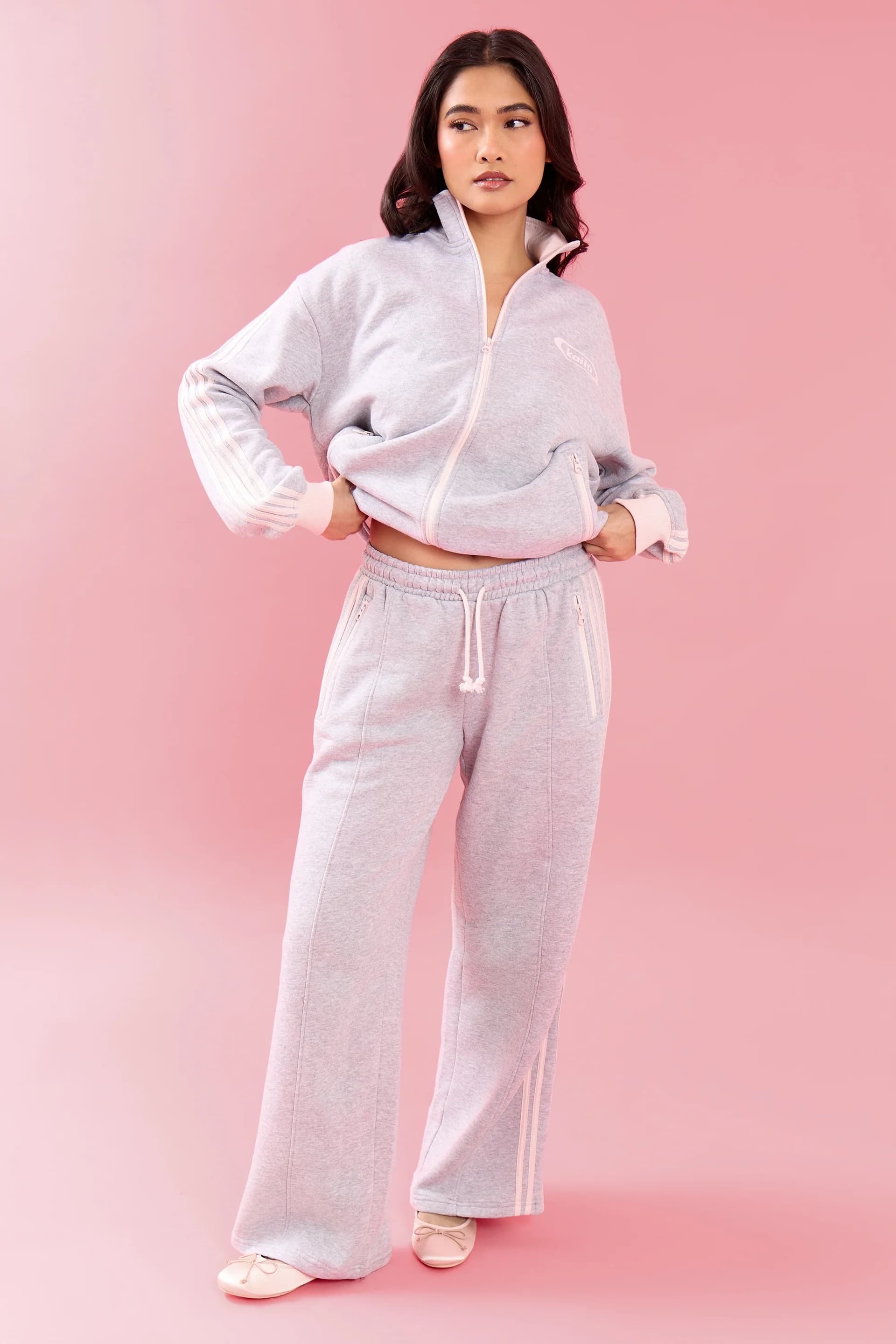 Kaiia Kaiia Side Striped Wide Leg Joggers Light Grey Marl & Pink Meringue