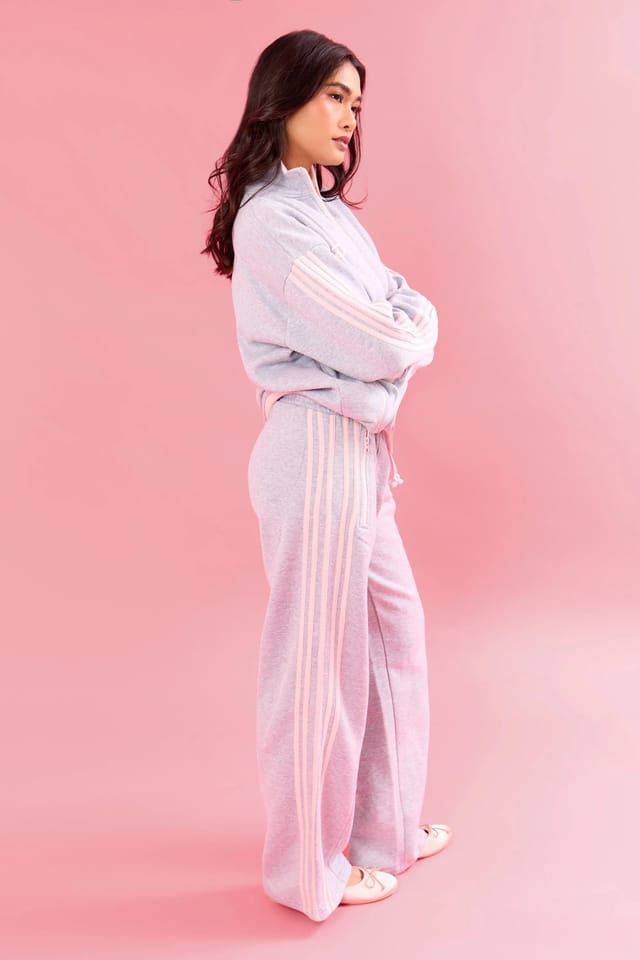 Kaiia Kaiia Side Striped Wide Leg Joggers Light Grey Marl & Pink Meringue - 2