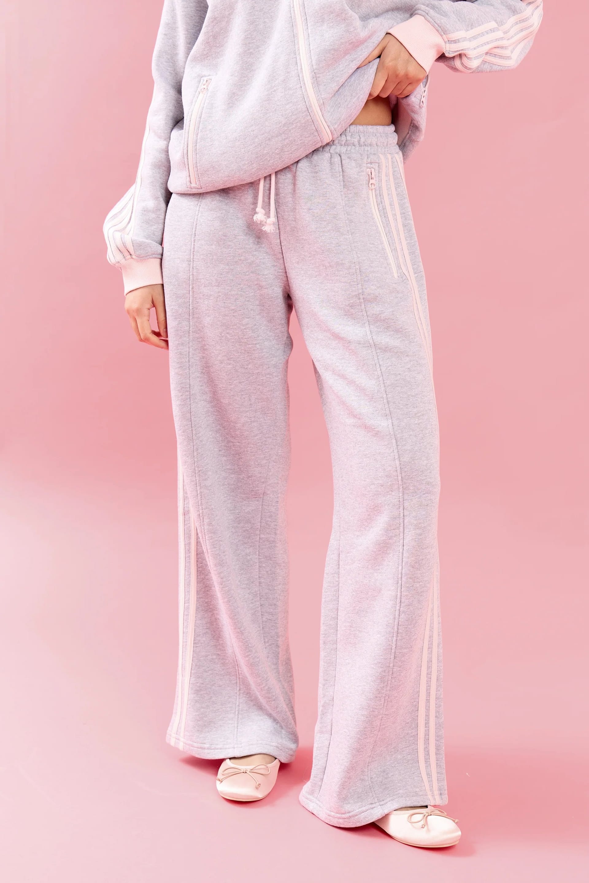 Kaiia Kaiia Side Striped Wide Leg Joggers Light Grey Marl & Pink Meringue - 4