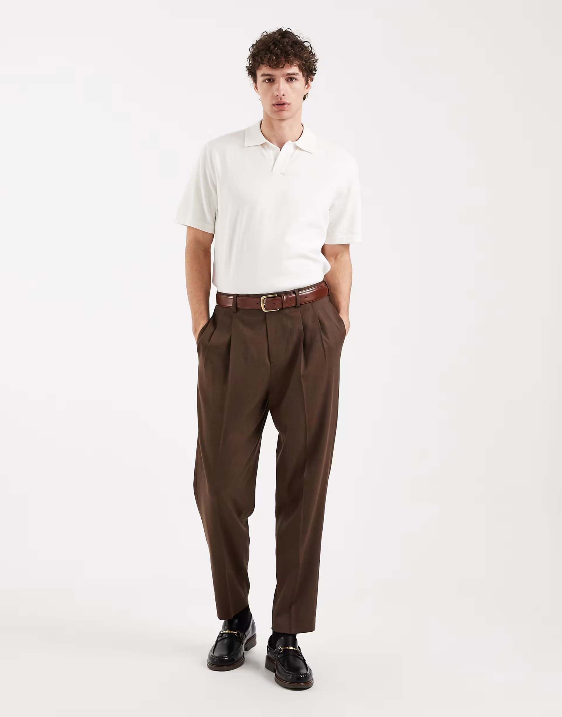 ASOS ASOS DESIGN smart wool rich premium relaxed tapered trouser with pleats in brown