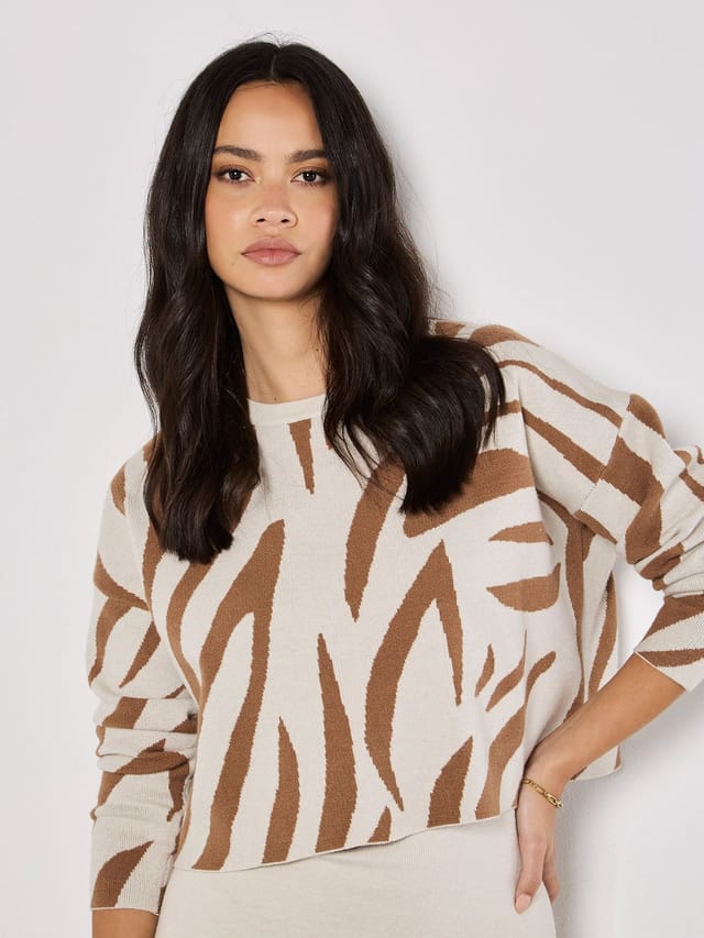 Apricot Apricot Women's Zebra Jumper Knitted Midi Dress Set in Cream - 2