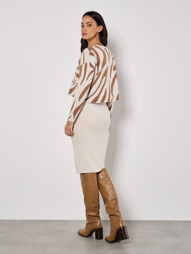 Apricot Apricot Women's Zebra Jumper Knitted Midi Dress Set in Cream - 3