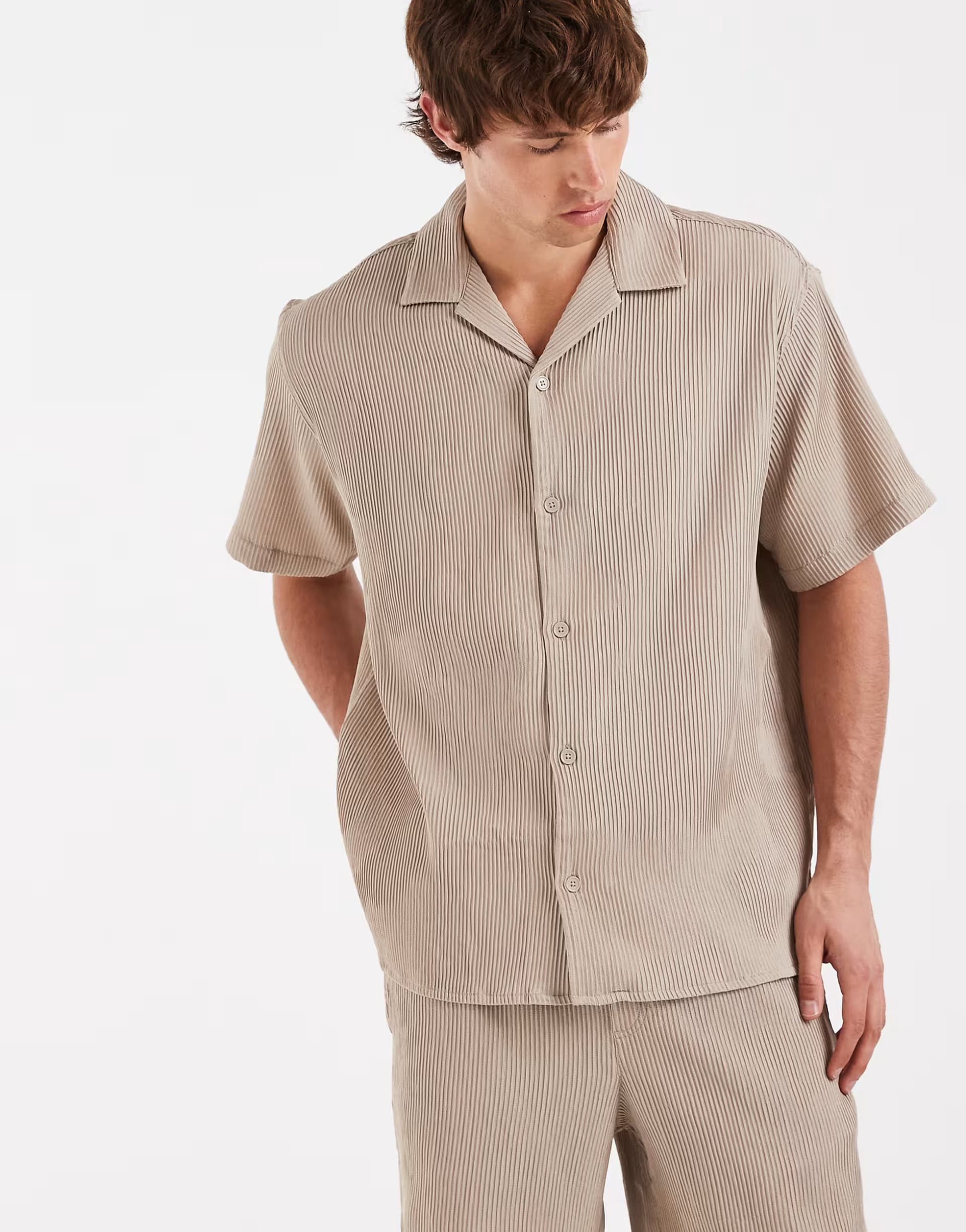 ASOS Jack & Jones co-ord plisse shirt in beige