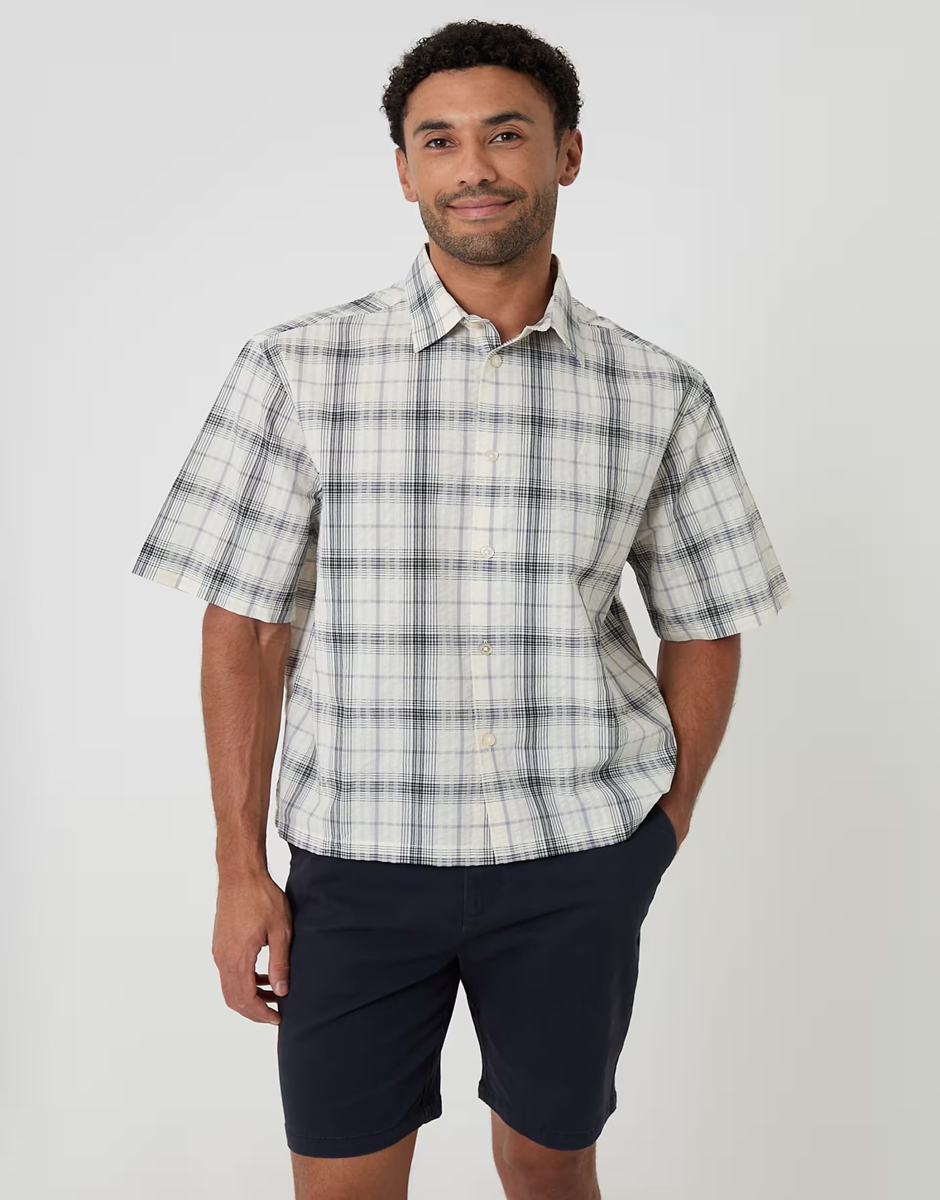 ASOS Threadbare Check boxy fit short sleeve shirt in off white