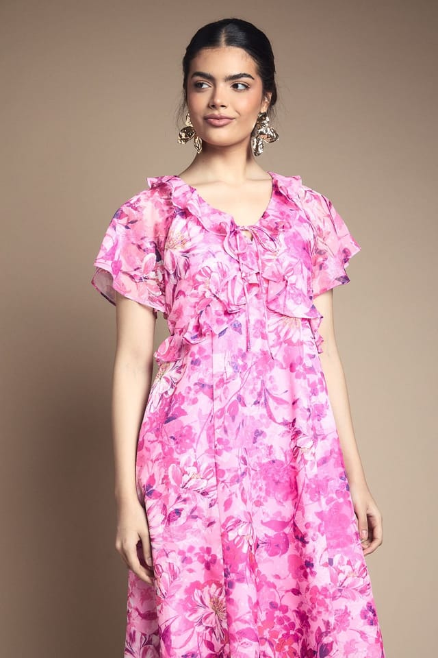 Wallis Wallis Women's Floral Ruffle Tie Front Maxi Dress in Pink - 2