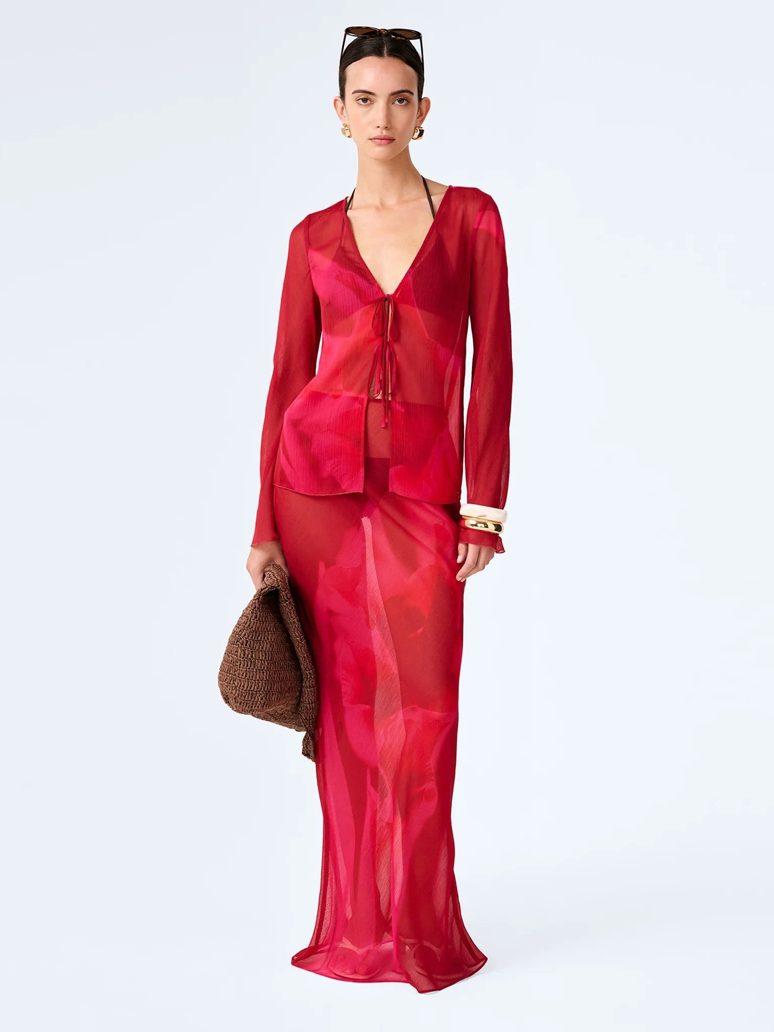 OMNES Red Floral Maxi Skirt