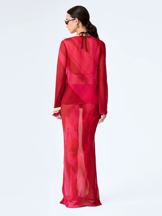 OMNES Cierra Skirt in Red and Pink Floral Placement - 2