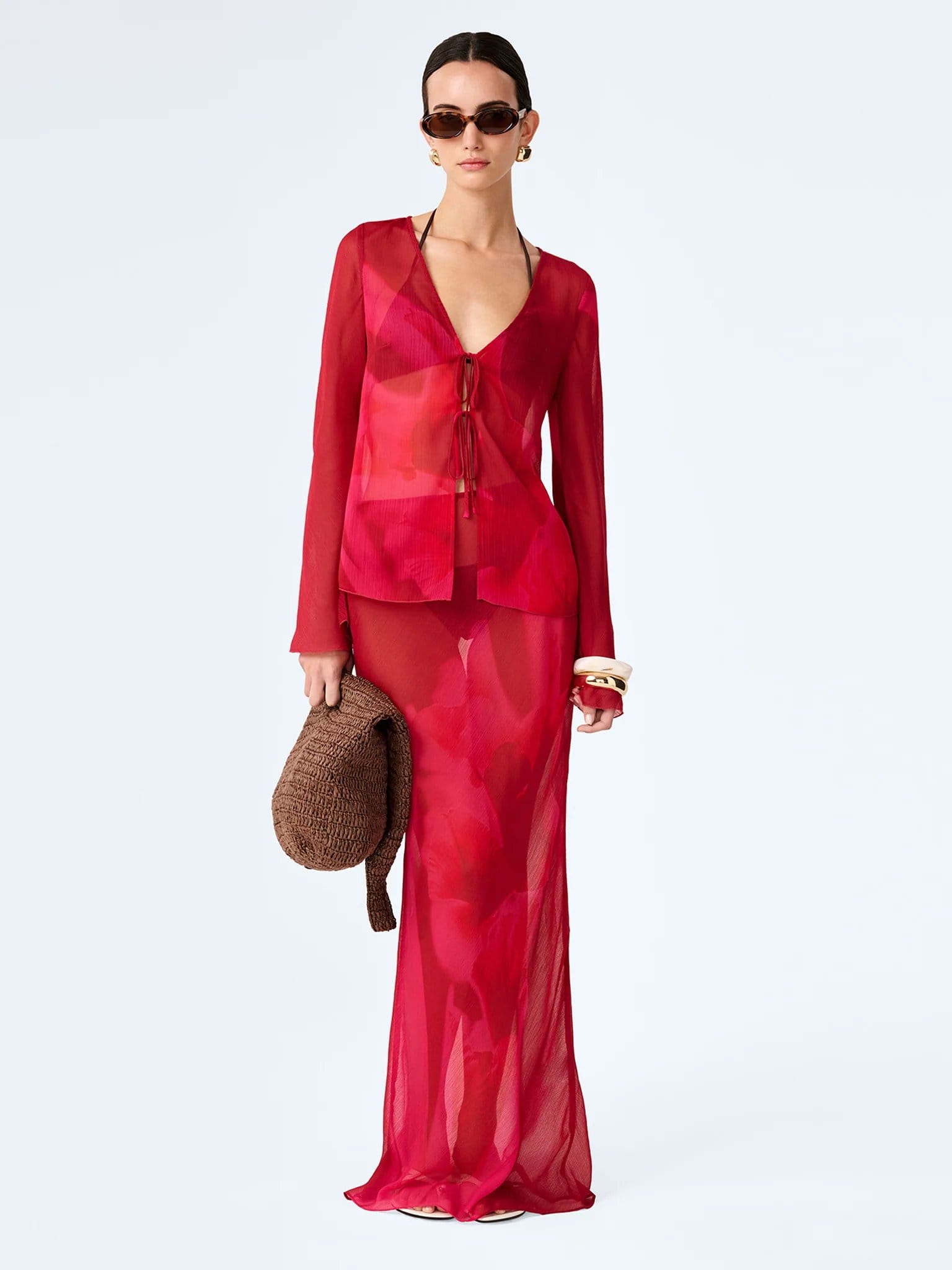 OMNES Cierra Skirt in Red and Pink Floral Placement - 4