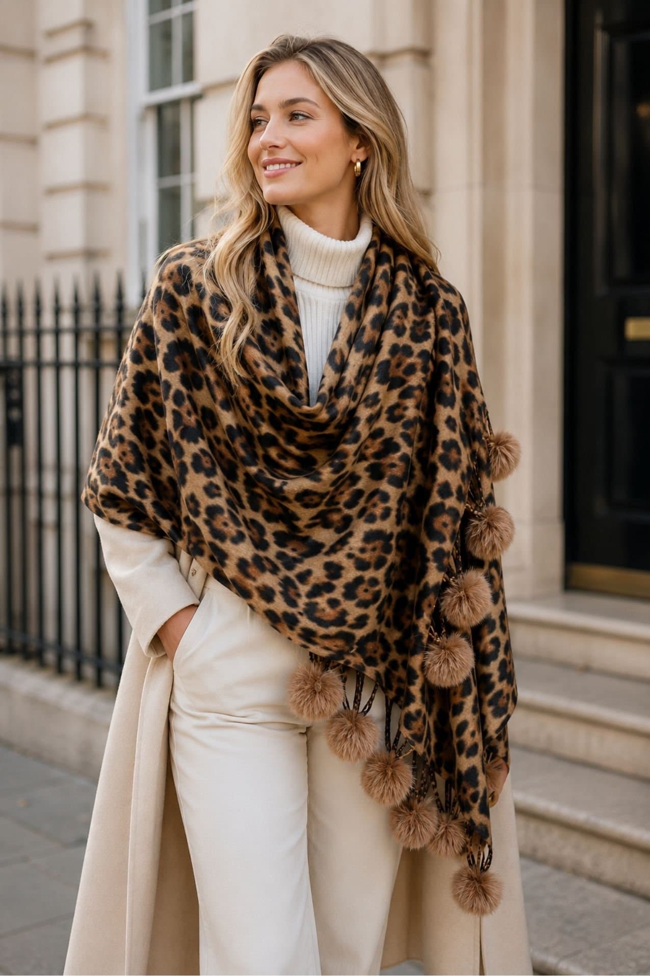 Lovii Lovii Women's Leopard Luxe Pom-Pom Scarf & Wrap in Light Brown