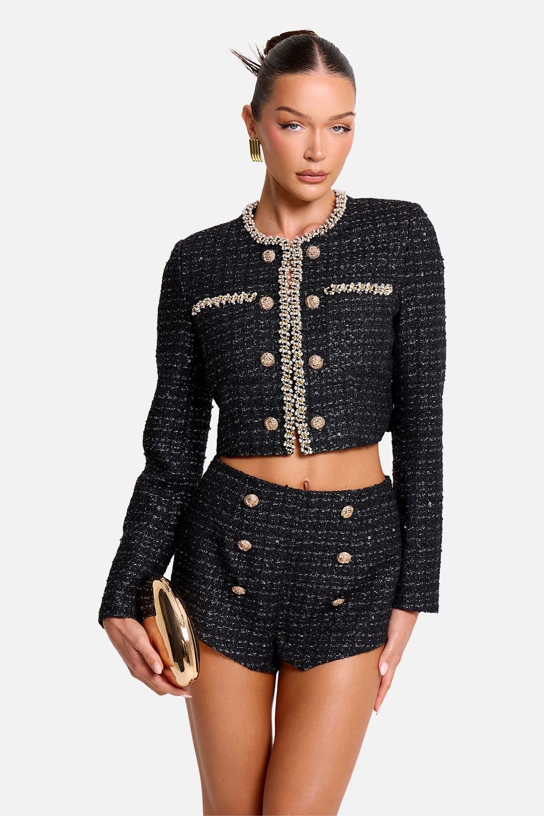 Public Desire Public Desire Women's Cropped Long Sleeve Boucle Gold Button Detail Blazer Black