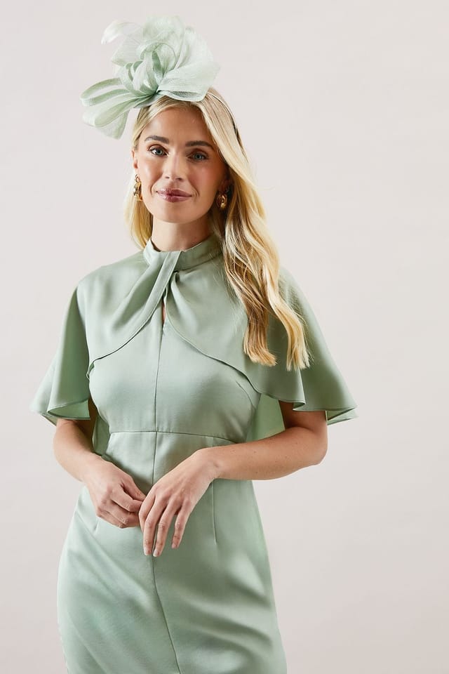 Wallis Wallis Women's Petite Satin Cape Sleeve Keyhole Dress in Sage - 2