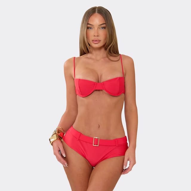 EGO Underwired Belt Detail Bikini Set In Red, Women's Size UK 6 - 2