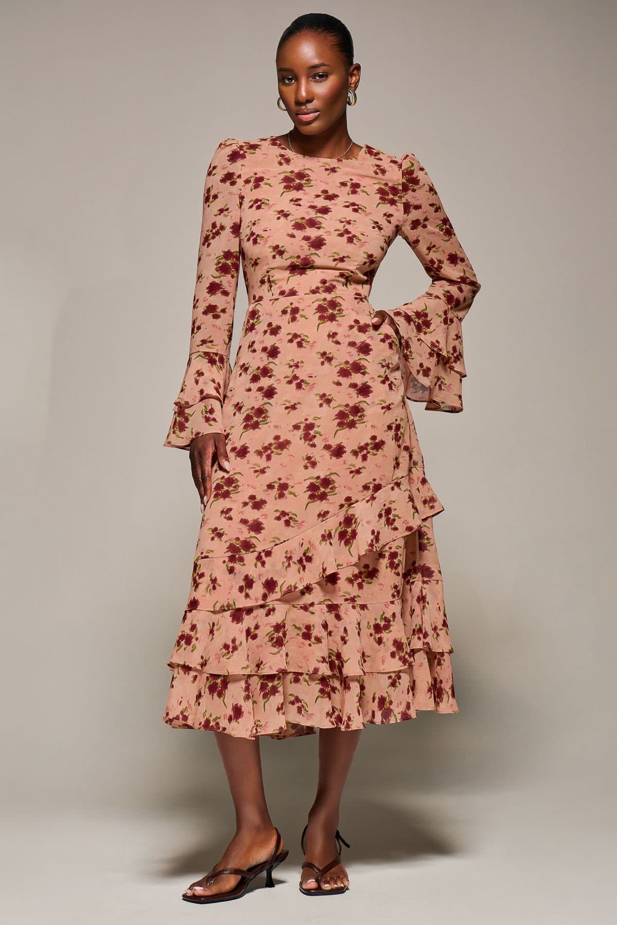 Jolie Moi Jolie Moi Women's Long Sleeve Frill Chiffon Midaxi Dress in Coral