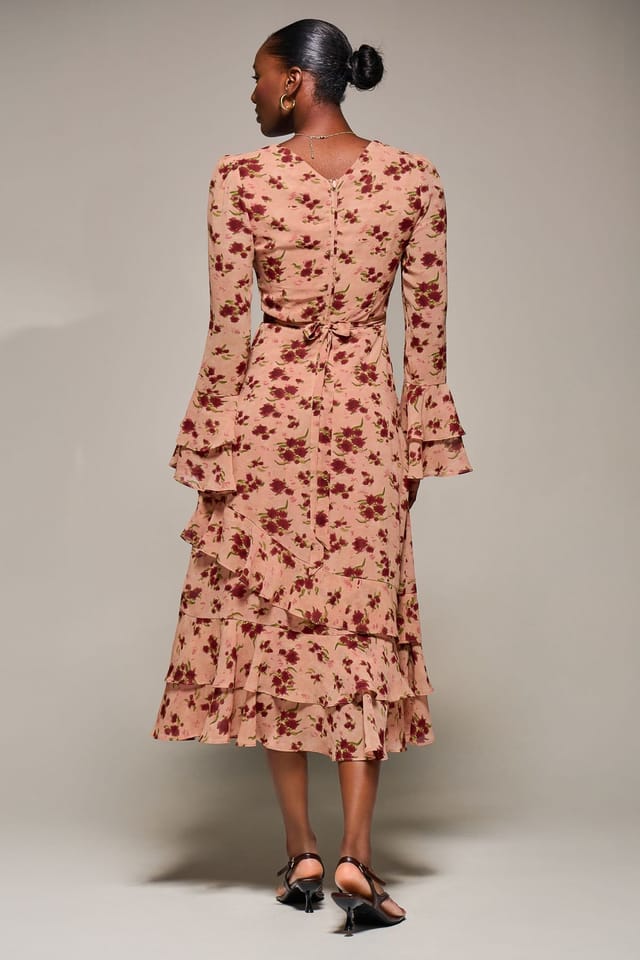 Jolie Moi Jolie Moi Women's Long Sleeve Frill Chiffon Midaxi Dress in Coral - 2
