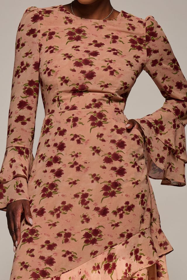Jolie Moi Jolie Moi Women's Long Sleeve Frill Chiffon Midaxi Dress in Coral - 3