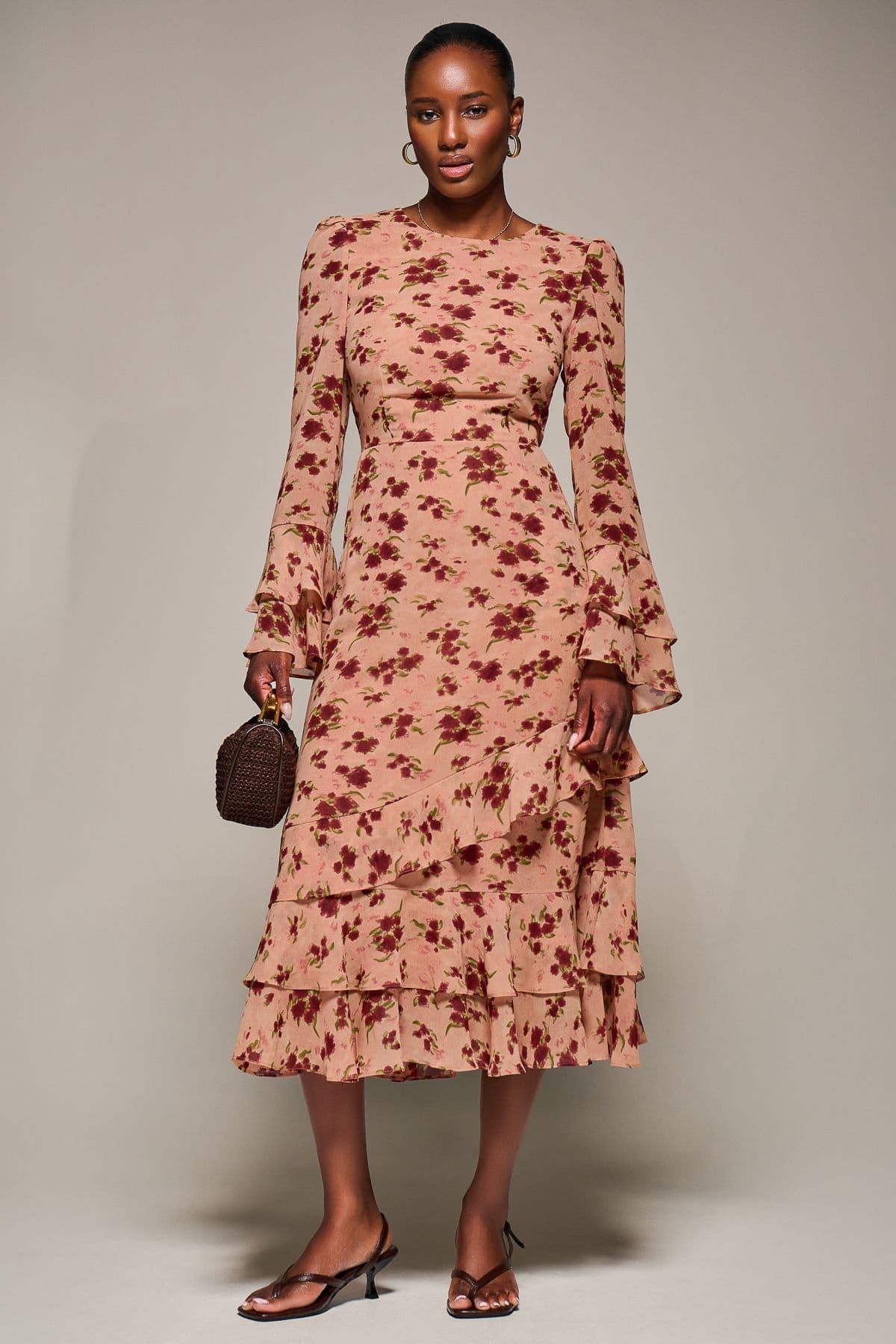 Jolie Moi Jolie Moi Women's Long Sleeve Frill Chiffon Midaxi Dress in Coral - 4