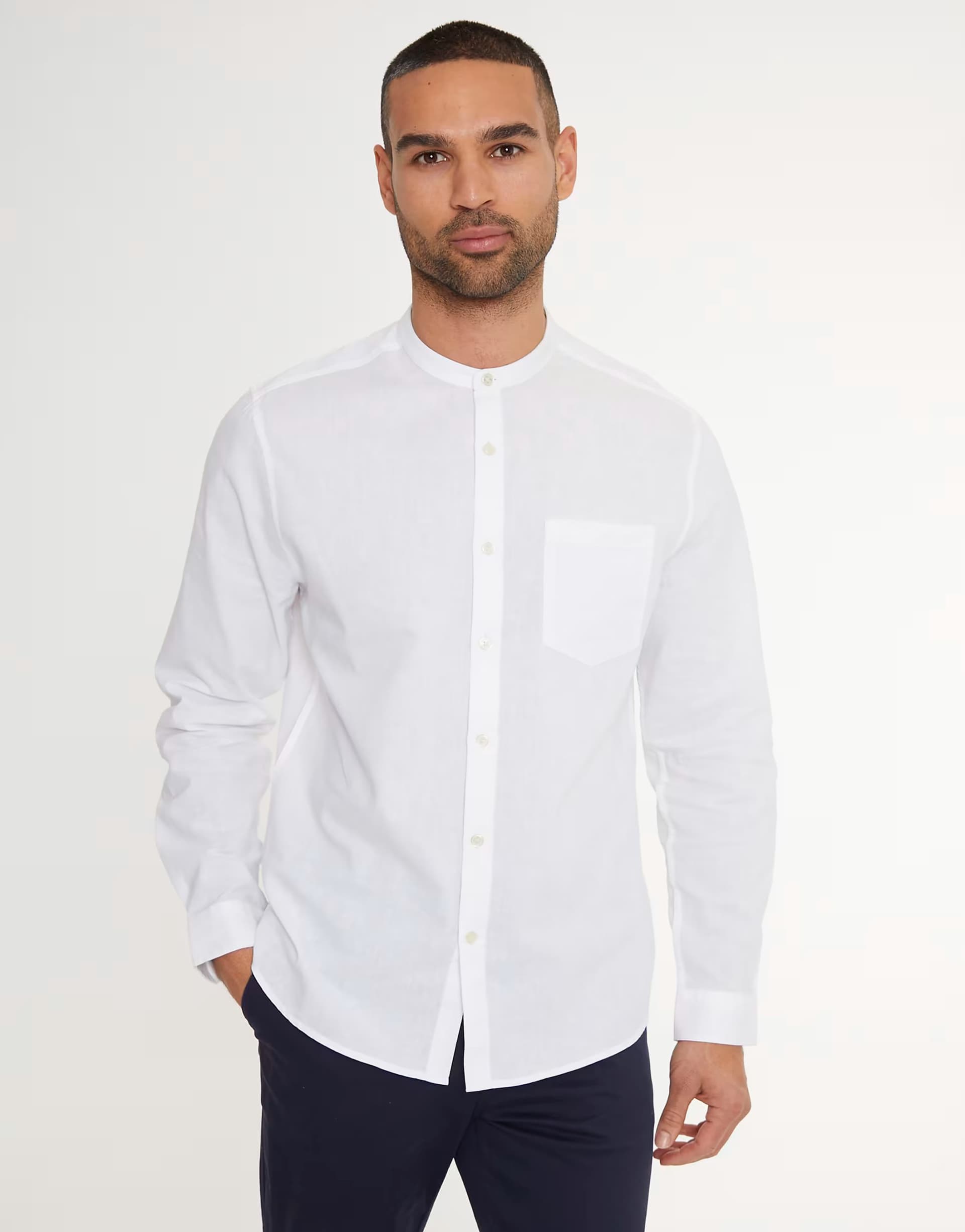 ASOS Threadbare Linen blend long sleeve grandad collar shirt in white