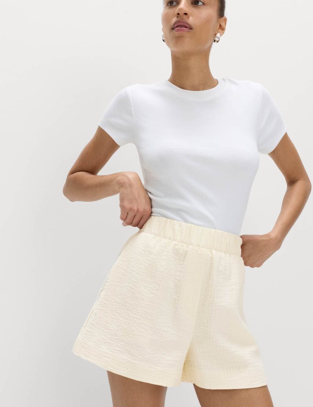 Marks & Spencer M&S Ivory Cotton Blend High Waisted Shorts