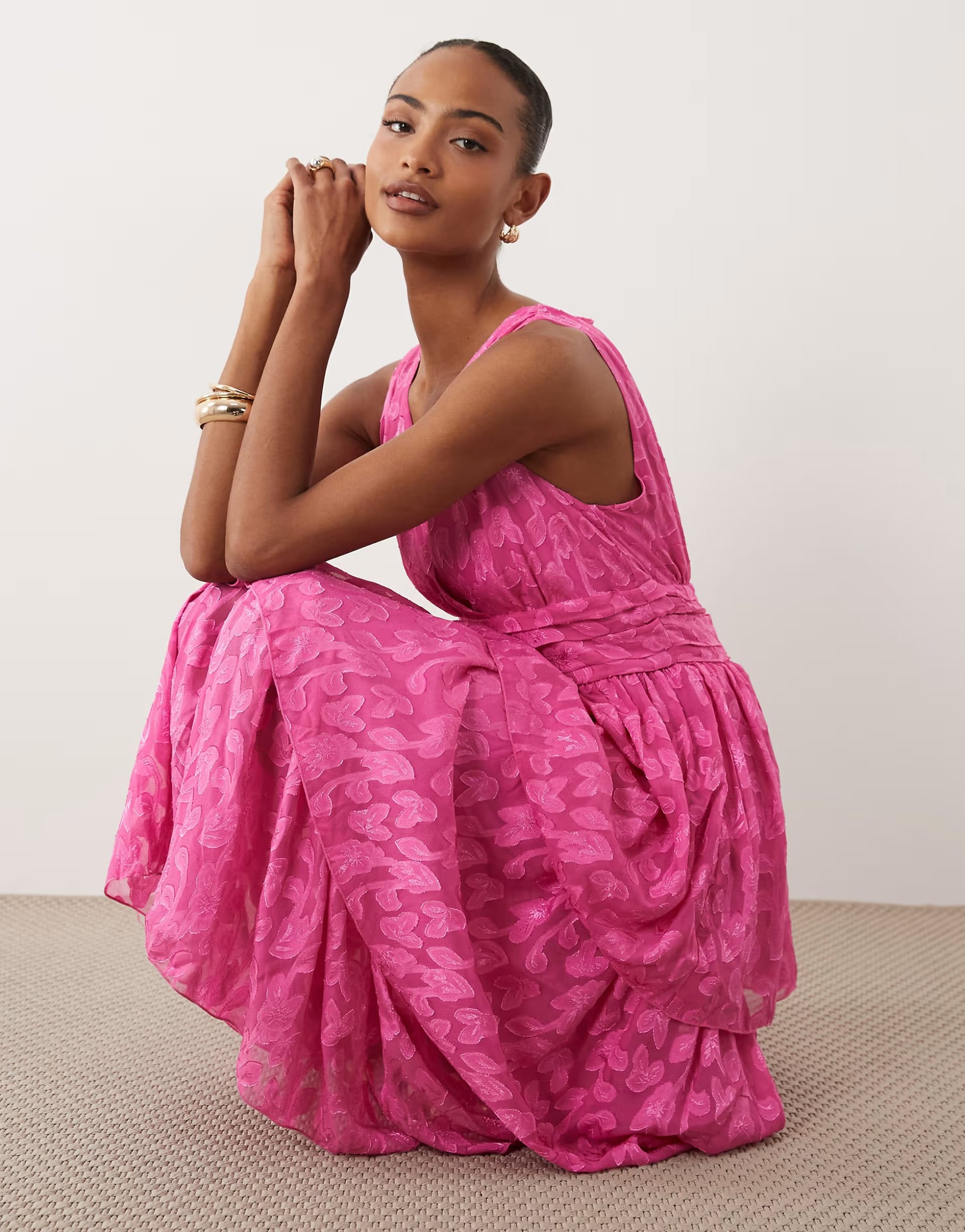 ASOS Pink Jacquard Tiered V-Neck Maxi Dress