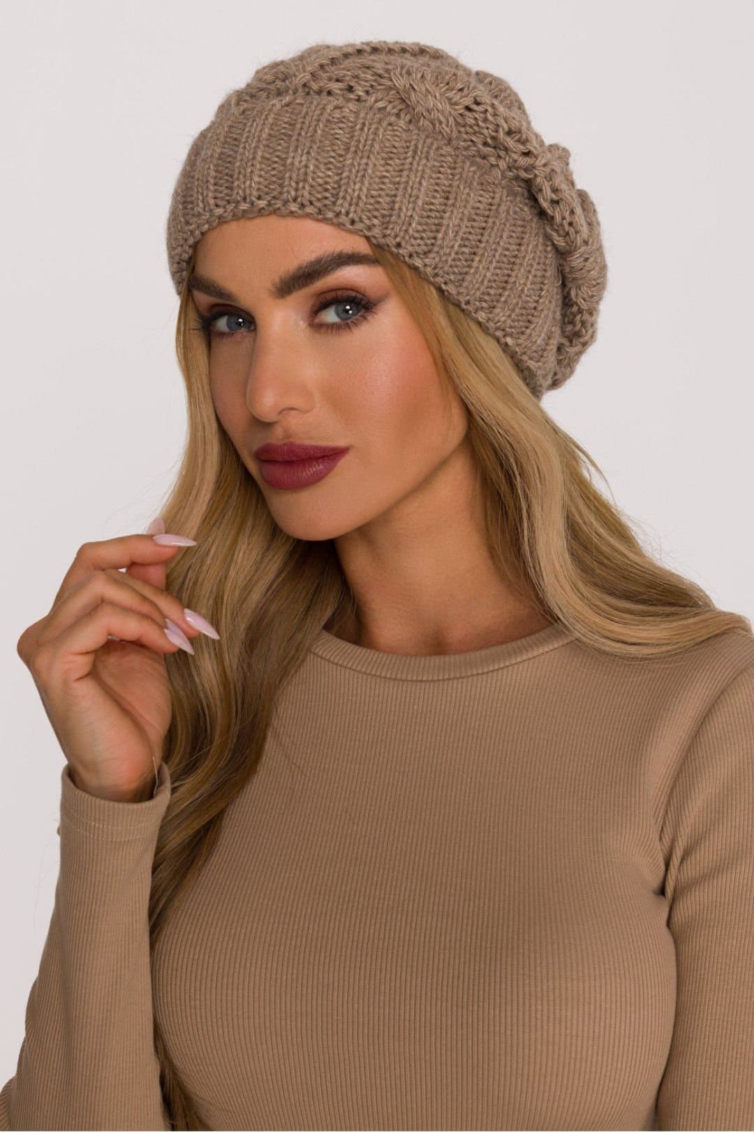 Love Lace Love Lace Beige Braided Knit Beanie Hat for Women