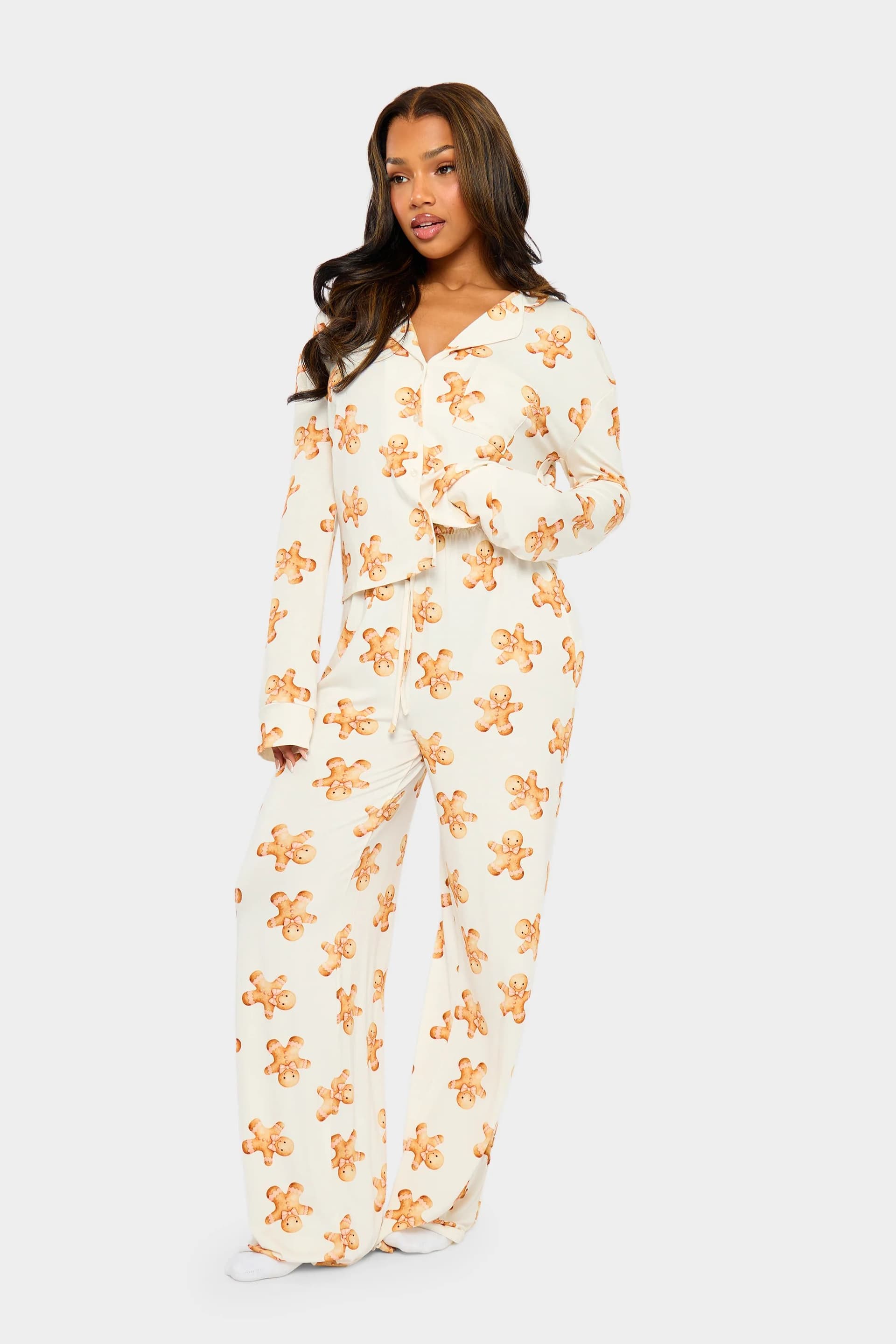 Kaiia Kaiia Supersoft Gingerbread Slouchy Pyjama Trousers Cream & Brown