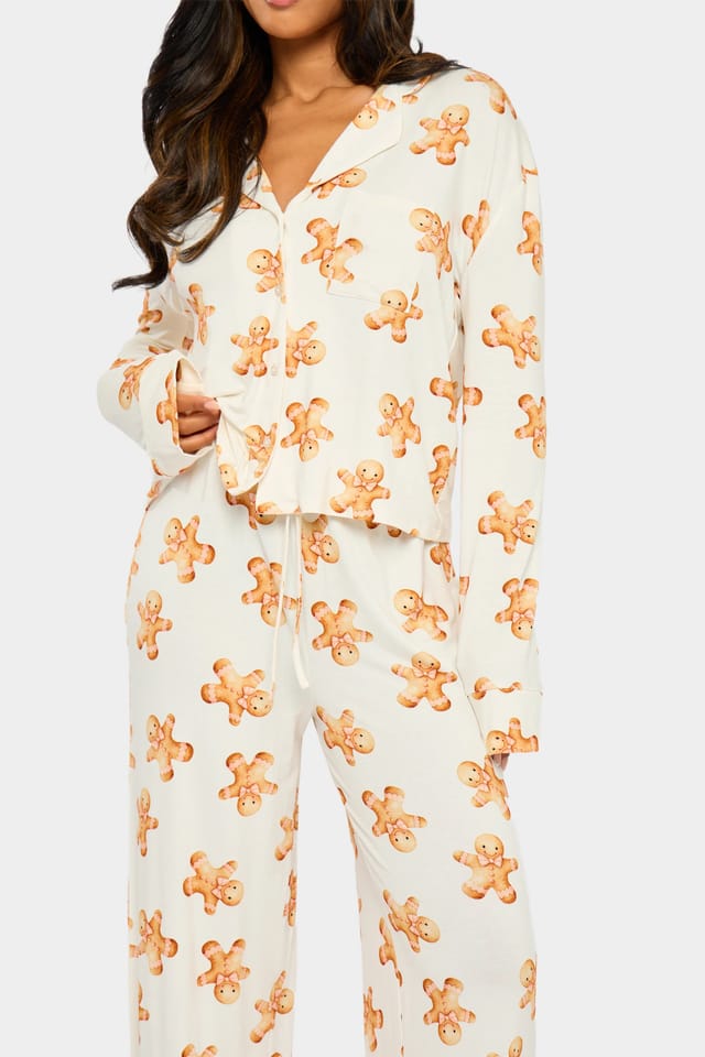Kaiia Kaiia Supersoft Gingerbread Slouchy Pyjama Trousers Cream & Brown - 2