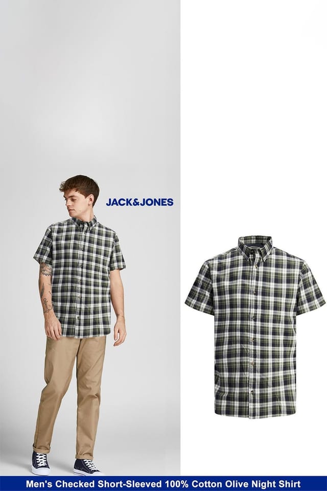 jack & jones Jack & Jones Men's Mens Olive Night Checked Shirt Cotton Short Sleeve Casual Size S - 2