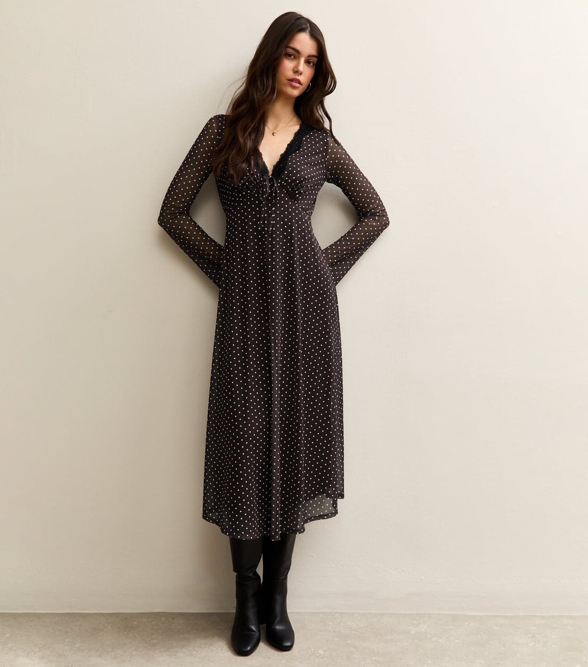 New Look Women's Burgundy Polka Dot Long Sleeve Lace Mesh Midi Dress New Look