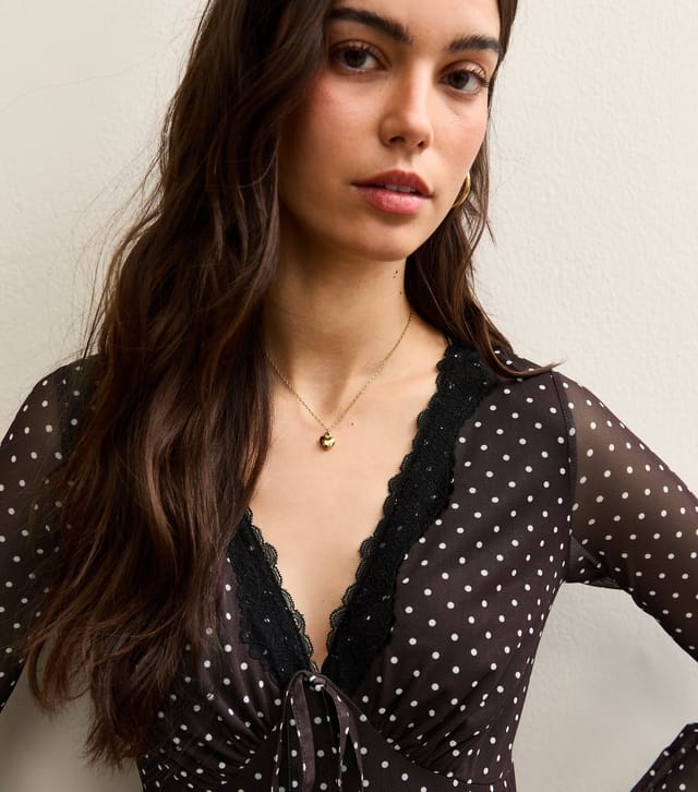 New Look Women's Burgundy Polka Dot Long Sleeve Lace Mesh Midi Dress New Look - 2