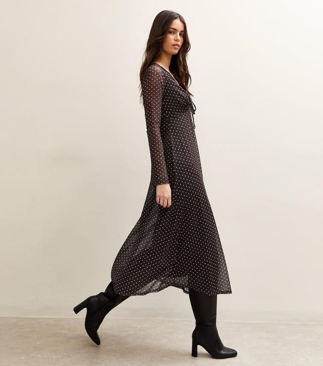 New Look Women's Burgundy Polka Dot Long Sleeve Lace Mesh Midi Dress New Look - 3