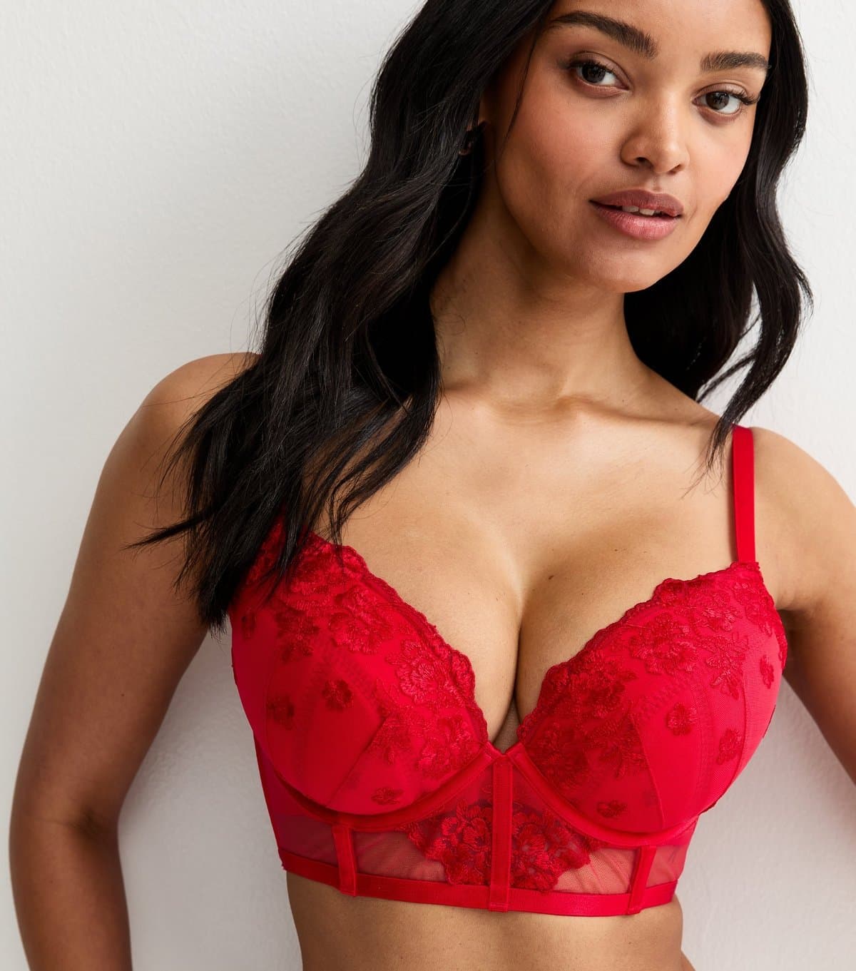 New Look Women's Red DD+ Floral Embroidered Lace Plunge Bra New Look