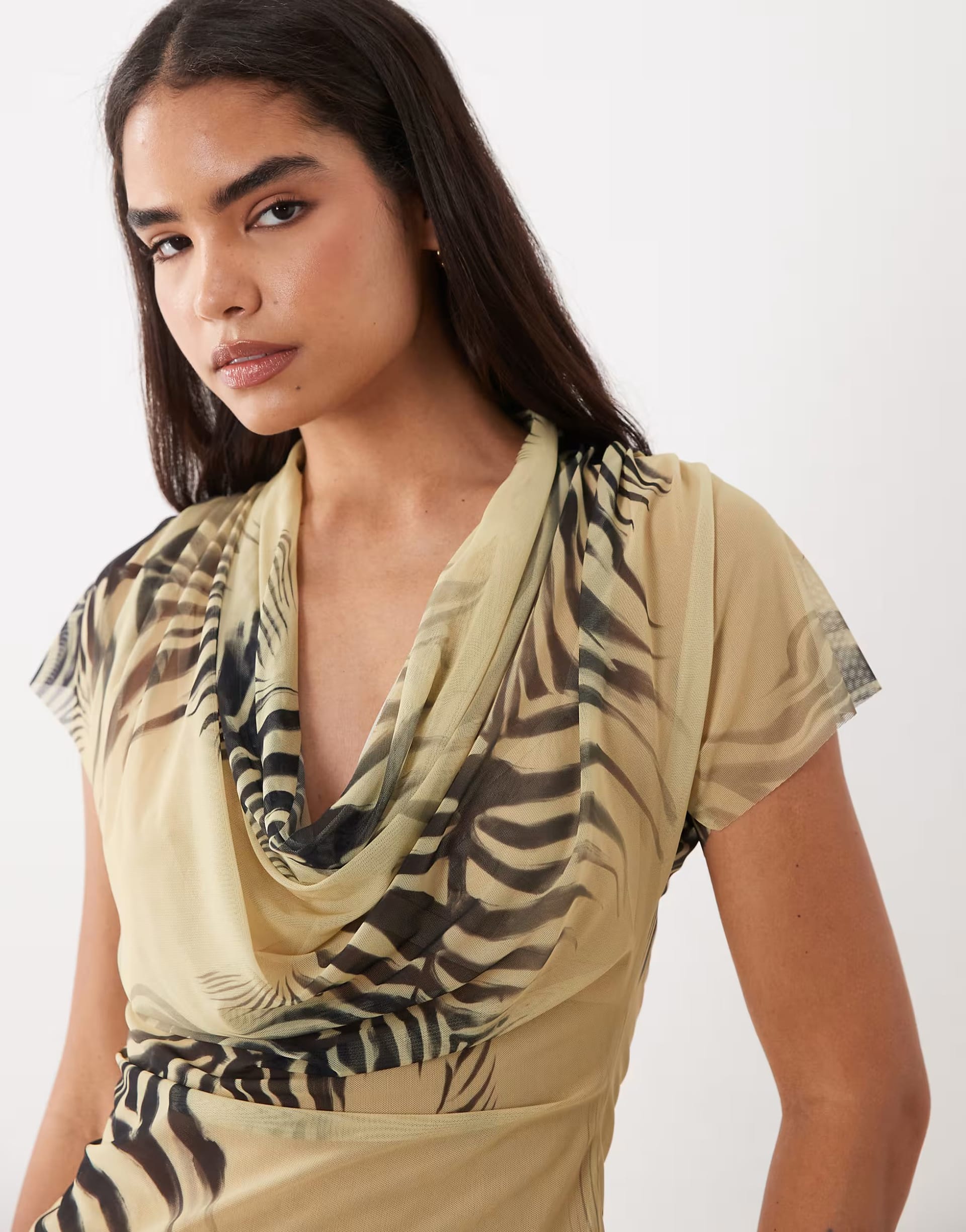 ASOS DESIGN Zebra Print Mesh Cowl Neck Top
