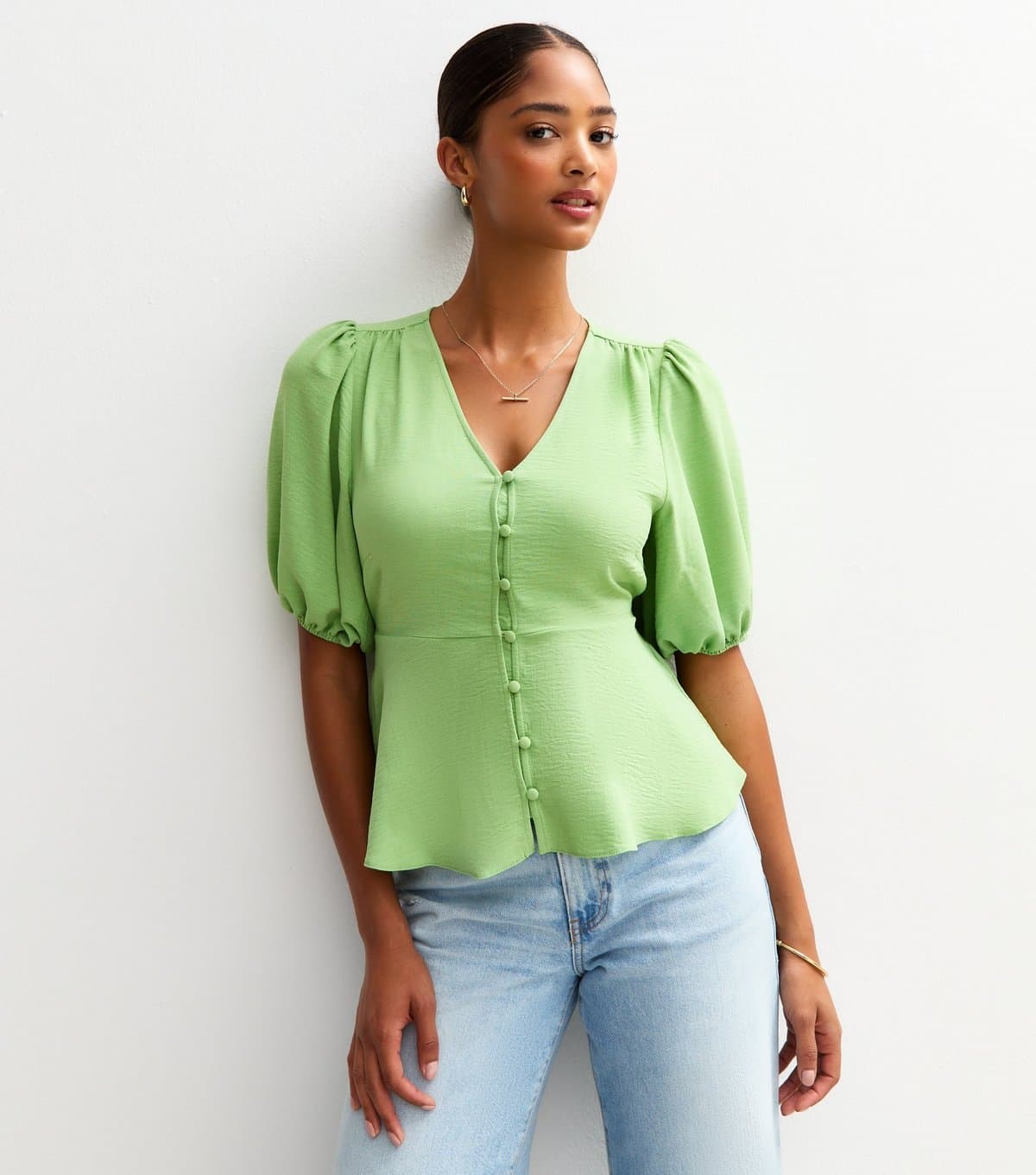New Look New Look Green Crinkle Texture V-Neck Blouse